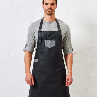 Division waxed-look denim bib apron with faux leather